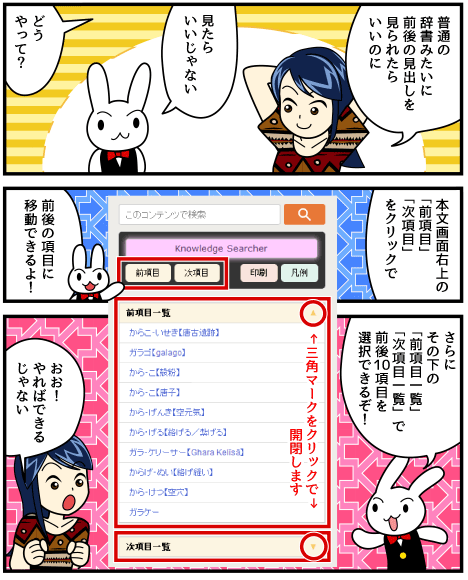 「普通の辞書みたいに前後の見出しを見られたらいいのに」「見たらいいじゃない」「どうやって？」「本文画面右上の「前項目・次項目」にマウスを重ねると表示されるよ！」「おお！やればできるじゃない」