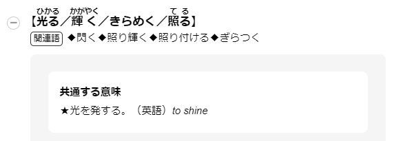 【光るひかる／輝くかがやく／きらめく／照るてる】　関連語◆閃く◆照り輝く◆照り付ける◆ぎらつく　共通する意味★光を発する。（英語）to shine
