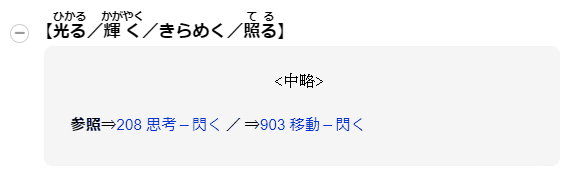 【光るひかる／輝くかがやく／きらめく／照るてる】参照⇒208 思考－閃く⇒903 移動－閃く